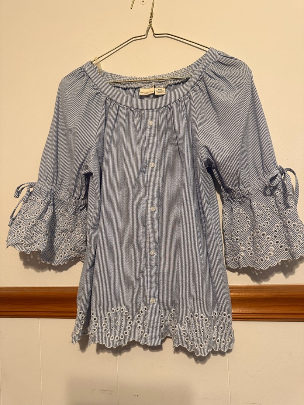 Westbound Light Blue Striped Button-Front Eyelet Sleeve Top